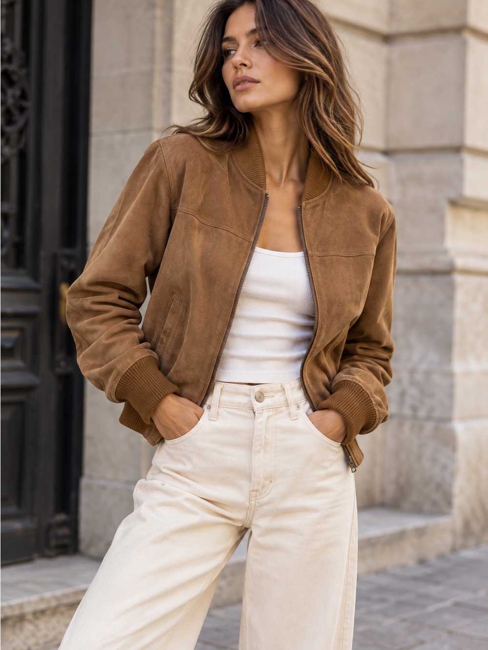 Danier Leather Suede Bomber Jacket Brown XS Genuine Leather Quiet Luxury Moto
